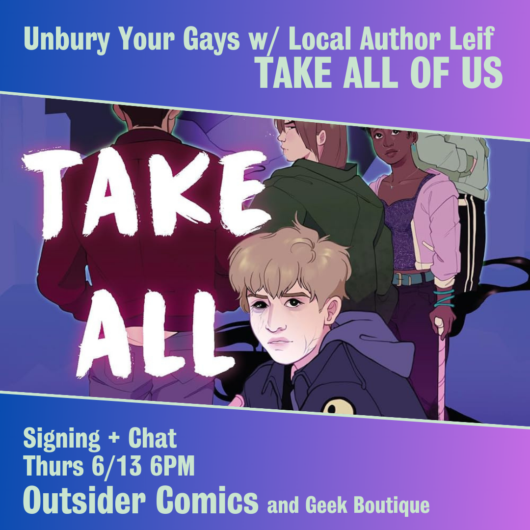 Cover of a book named Take All of Us, featuring several gender non-descript characters sitting at a table and on the floor. Event details (identical as that in calendar event) are superimposed on the image.