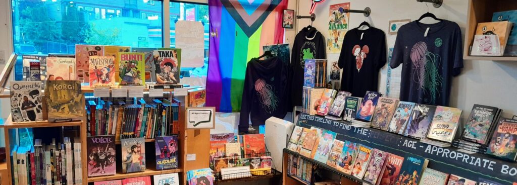 Photo of the interior of a (comic) book store.