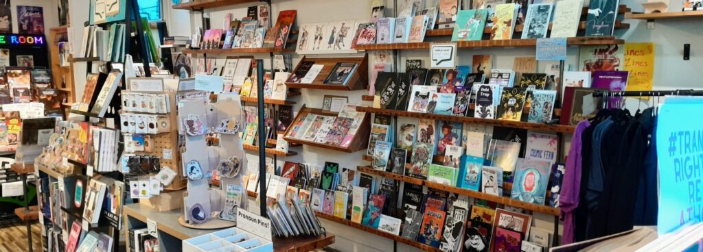 Photo of the interior of a (comic) book store.