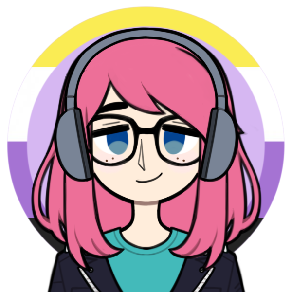 Manga style icon / profile picture of a femme person with pink hair, glasses, and headphones. They are standing in front of a circular nonbinary pride flag.