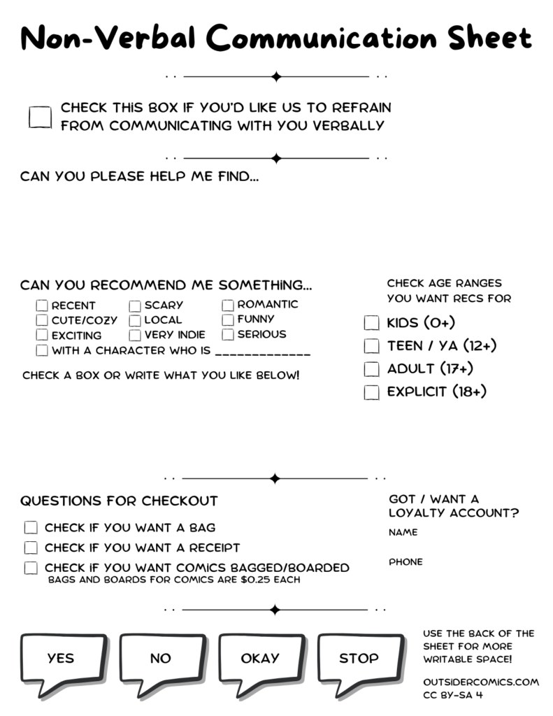 Checklist of questions and other communication prompts for people who do not wish to be verbal.